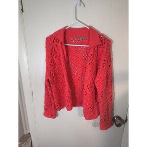 Oliver Bonas Crochet Knit Cardigan Womens US 4 Coral Red Open Stitch Collared